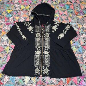 Johnny Was Floral Embroidered Jacket Full Zip Hooded Black Size Small